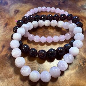 Love & Harmony Crystal Bracelet Stack (3pc) | Kunzite, Garnet, Rose Quartz 8mm